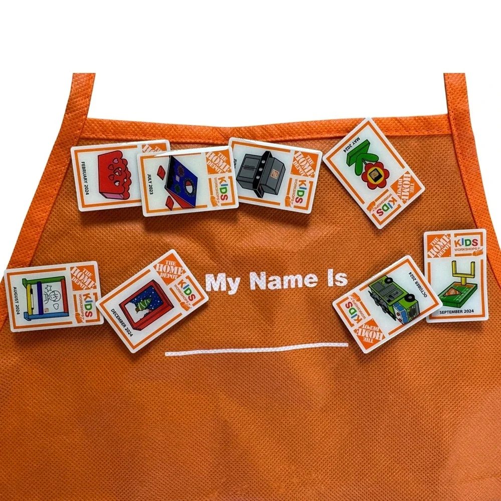 Home Depot Kids Workshop Orange Apron with 10 Collectible Workshop Pins DIY Tool